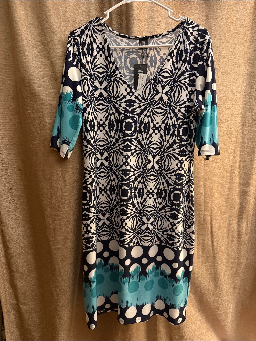 NEW V-Neck Patterned Navy and Teal Women’s Dress